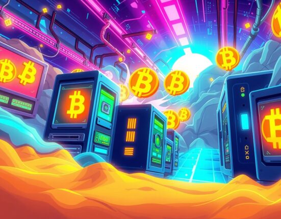 Bitcoin mining operation showing digital currency extraction with glowing servers and energy flows