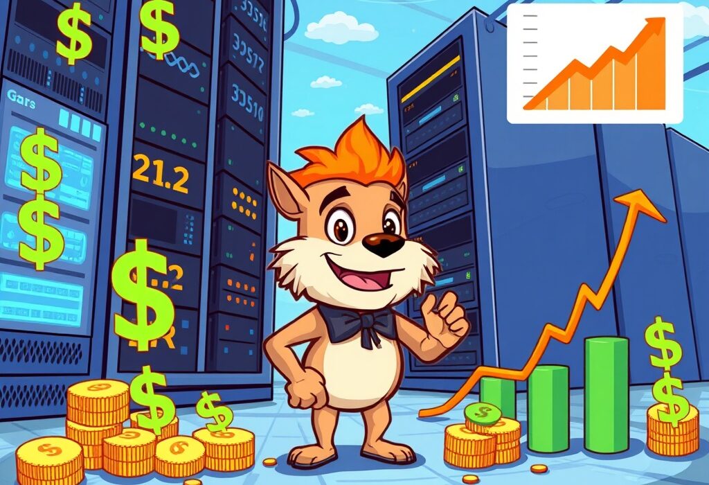 Cartoon illustration showing a growing data center with financial symbols, representing the TeraWulf Expansion funded by new notes.