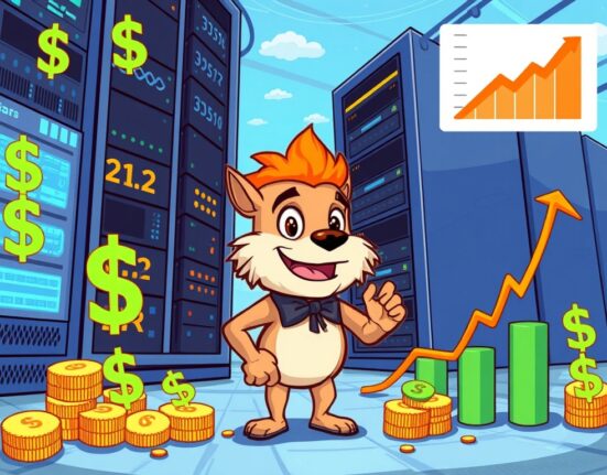 Cartoon illustration showing a growing data center with financial symbols, representing the TeraWulf Expansion funded by new notes.