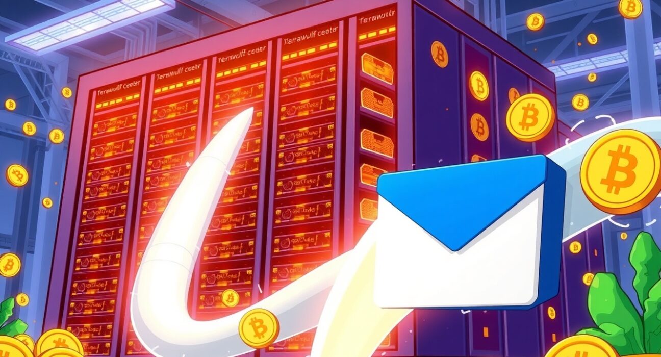 Illustration of TeraWulf financing a large data center expansion, symbolizing growth in Bitcoin mining infrastructure.