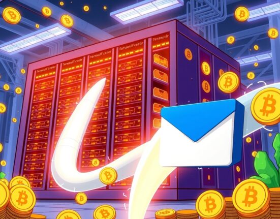 Illustration of TeraWulf financing a large data center expansion, symbolizing growth in Bitcoin mining infrastructure.