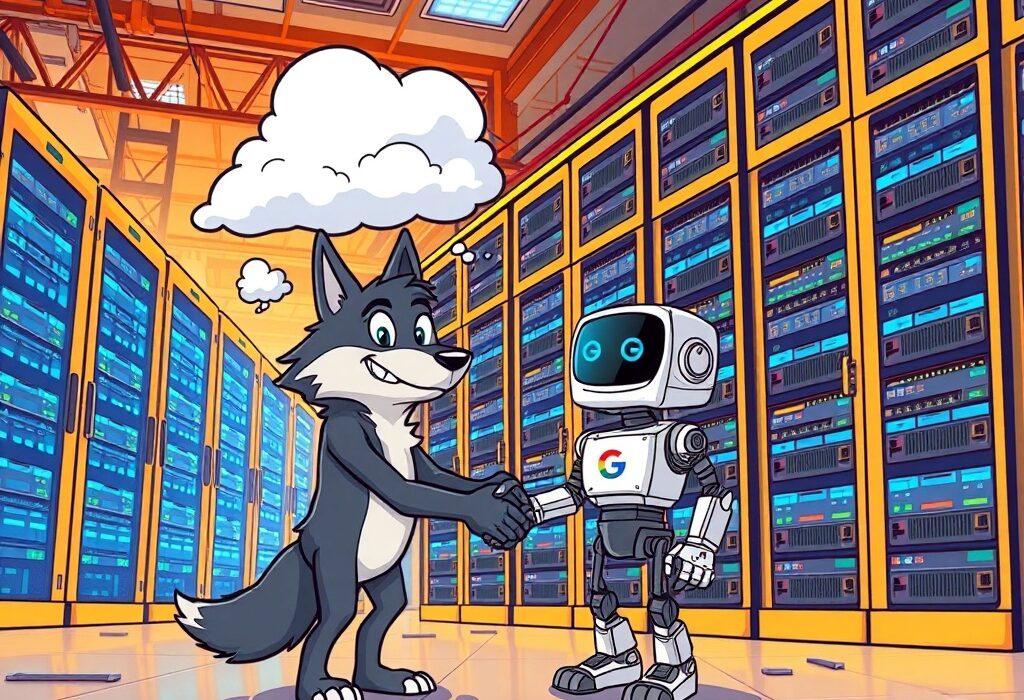 Cartoon illustration of a powerful Terawulf HPC data center collaborating with Google, symbolizing the monumental Terawulf HPC deal.
