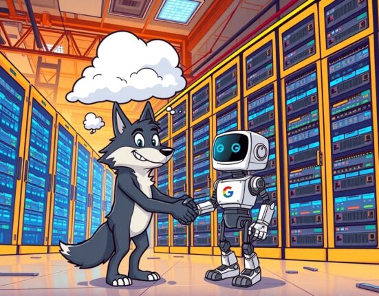 Cartoon illustration of a powerful Terawulf HPC data center collaborating with Google, symbolizing the monumental Terawulf HPC deal.