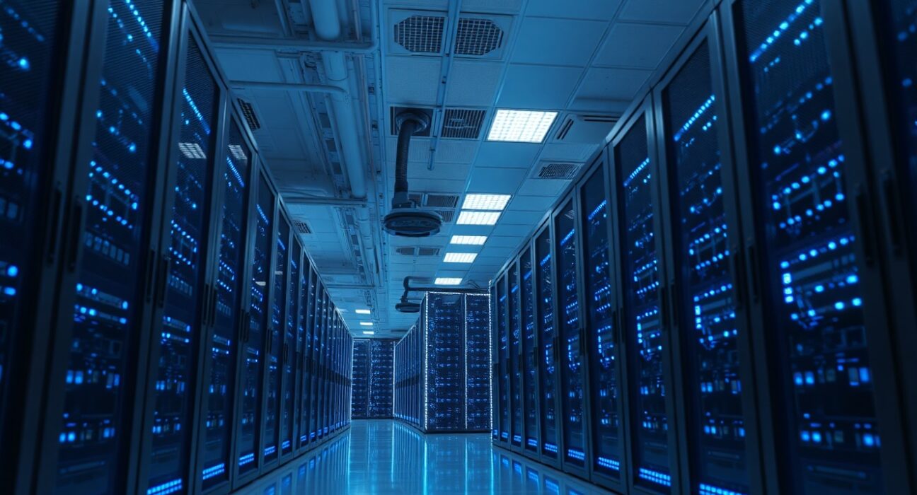 Interior of a modern data center with rows of high-performance computing servers for HPC leasing.