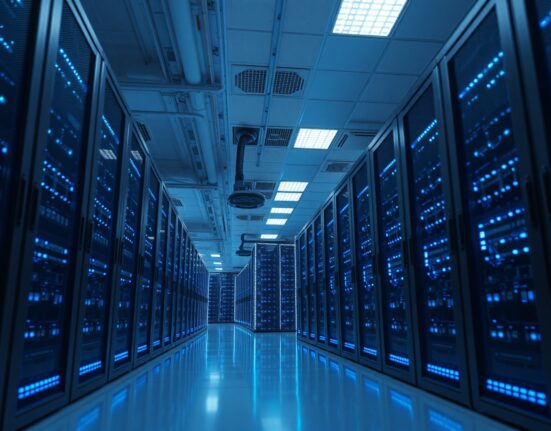 Interior of a modern data center with rows of high-performance computing servers for HPC leasing.