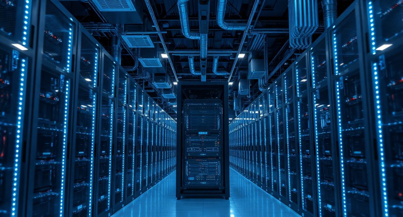 Interior of a modern data center with rows of servers and cooling systems