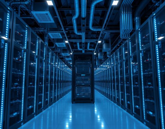 Interior of a modern data center with rows of servers and cooling systems