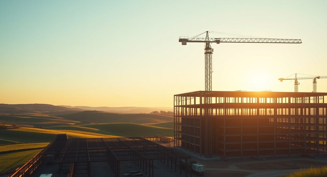 Construction site of a large AI data center in rural Kentucky at dawn