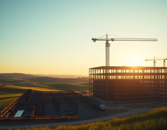 Construction site of a large AI data center in rural Kentucky at dawn