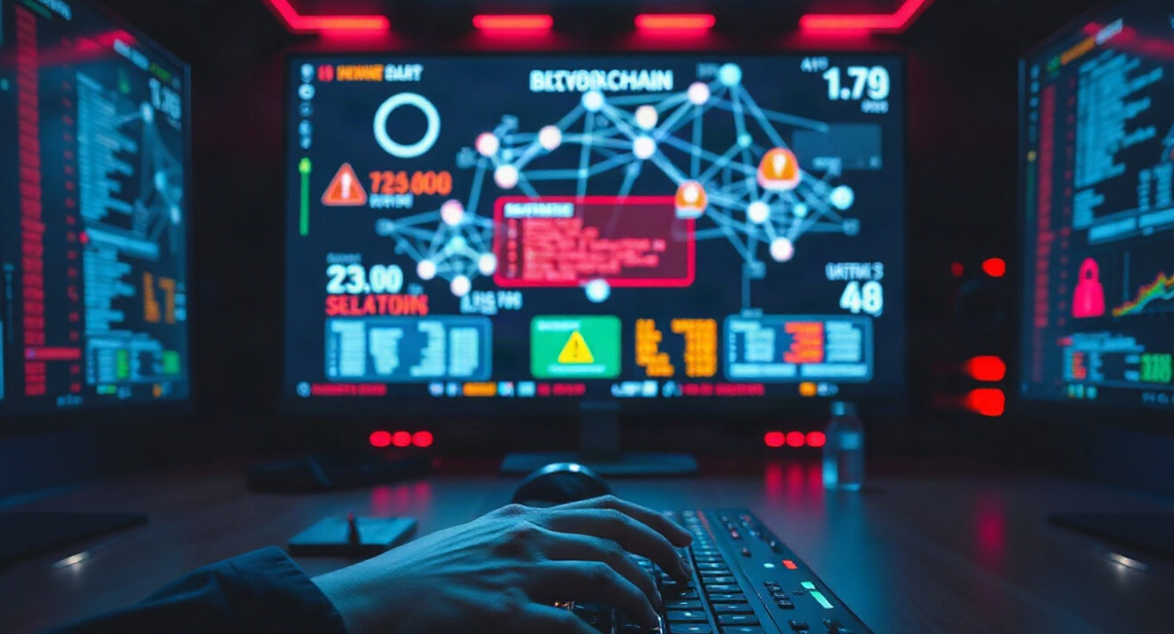 Security analyst monitoring blockchain network alerts in a dark control room