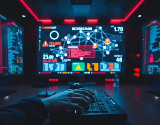 Security analyst monitoring blockchain network alerts in a dark control room