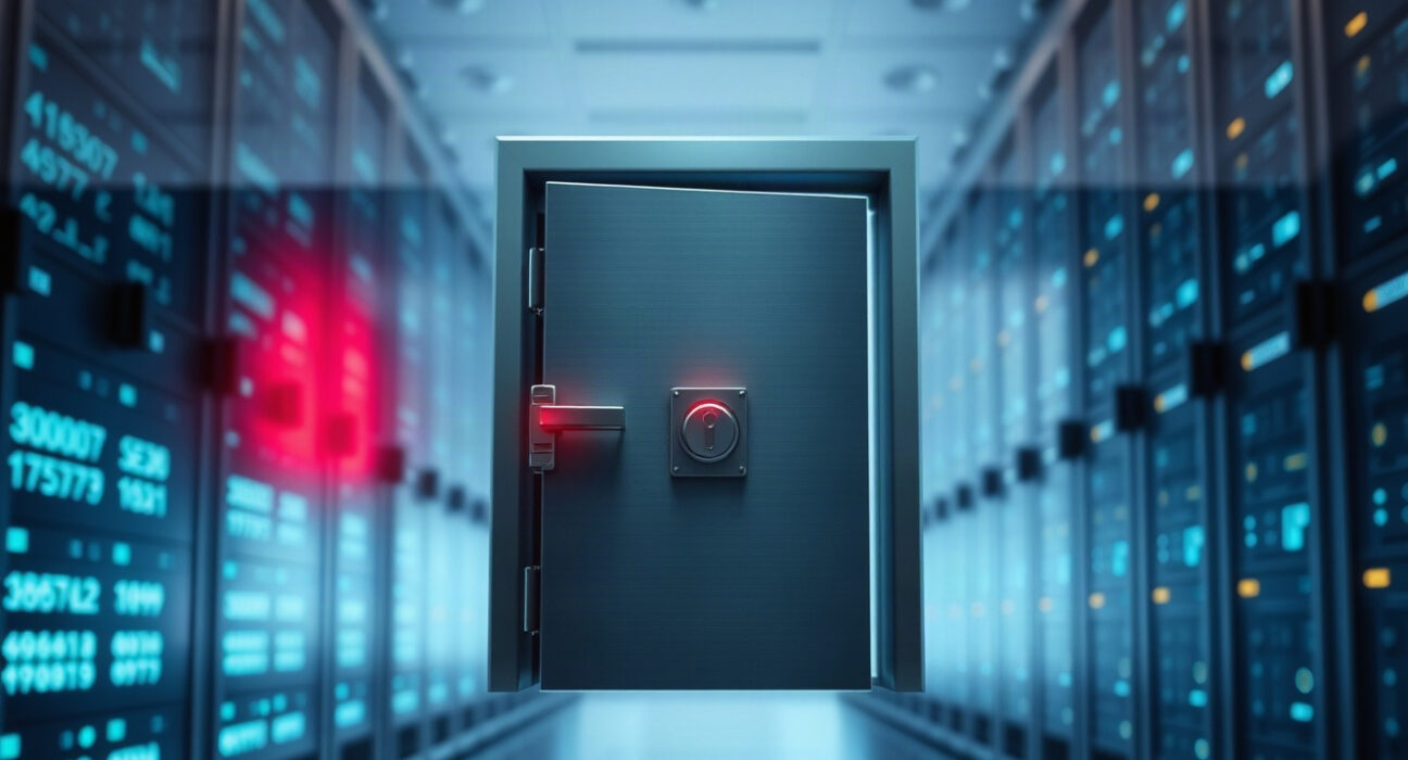 Illustration of a digital vault door with red warning light in a server room, symbolizing a security breach.