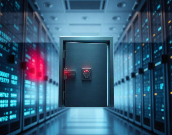 Illustration of a digital vault door with red warning light in a server room, symbolizing a security breach.