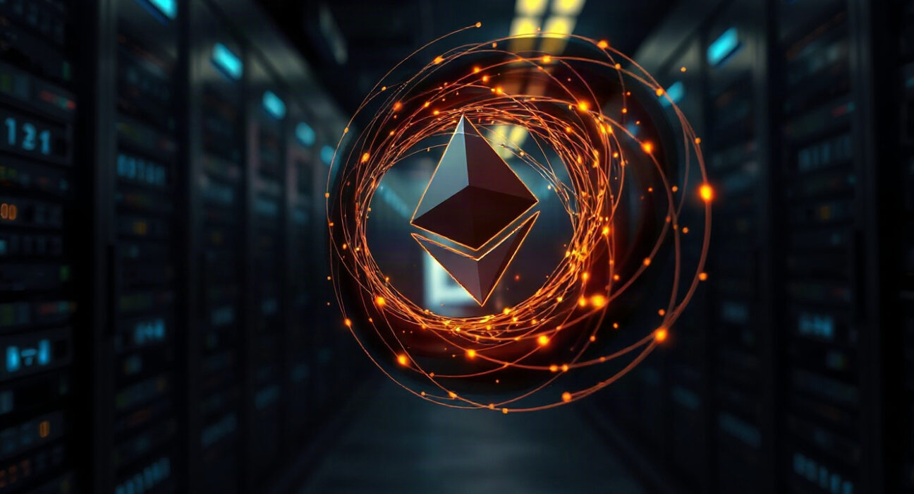 Digital illustration of Ethereum symbol being mixed in a tornado, representing crypto laundering via Tornado Cash.