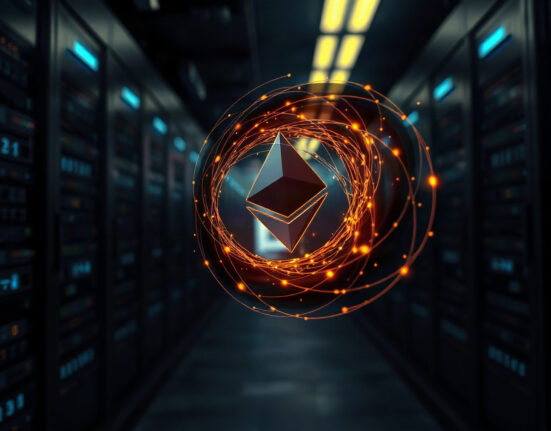 Digital illustration of Ethereum symbol being mixed in a tornado, representing crypto laundering via Tornado Cash.