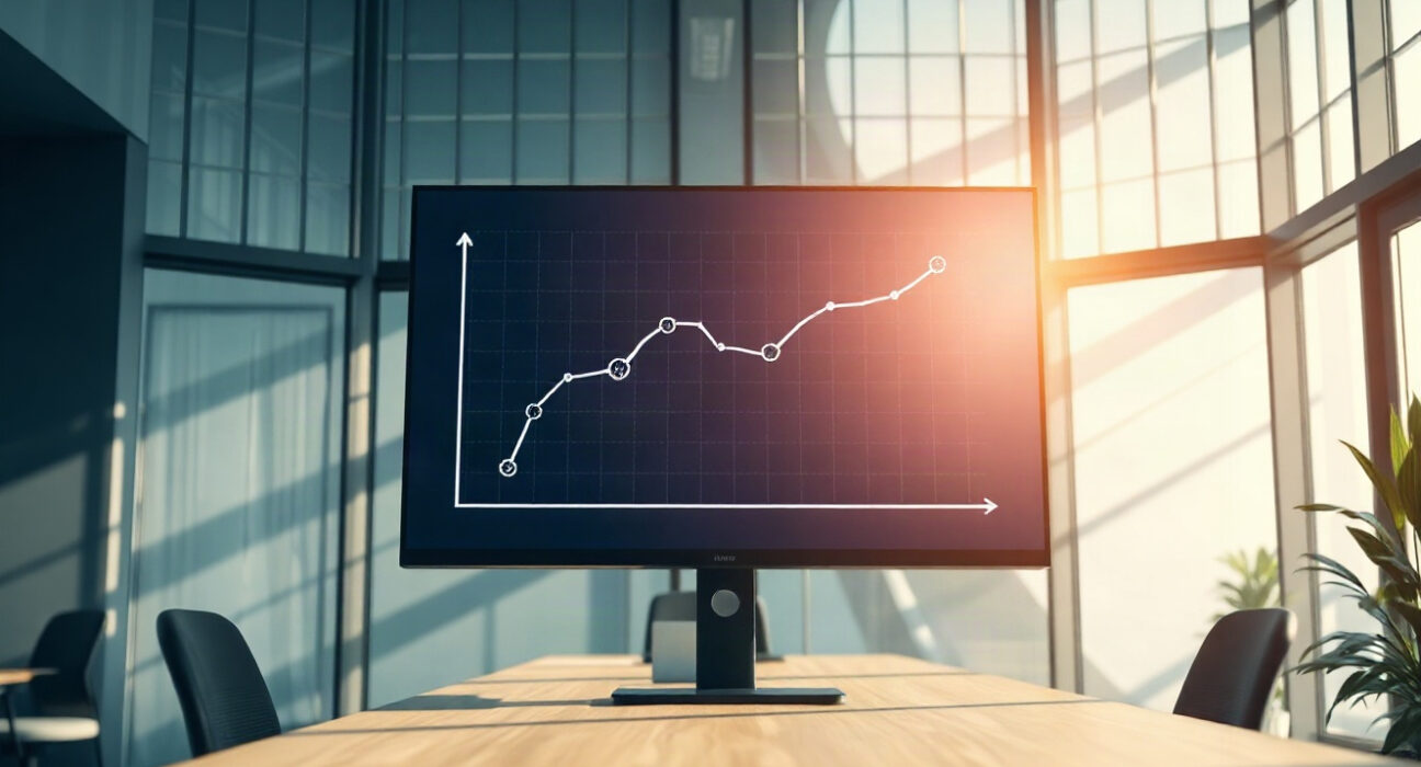 Digital screen showing growth charts and blockchain network in a fintech office