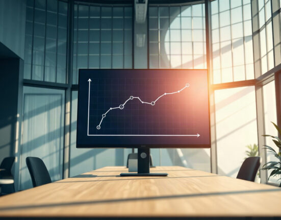 Digital screen showing growth charts and blockchain network in a fintech office
