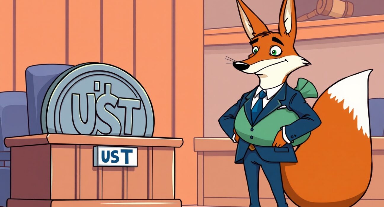 Cartoon courtroom scene depicting the explosive Terraform Labs lawsuit over UST market manipulation.