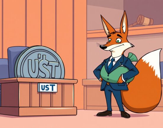 Cartoon courtroom scene depicting the explosive Terraform Labs lawsuit over UST market manipulation.