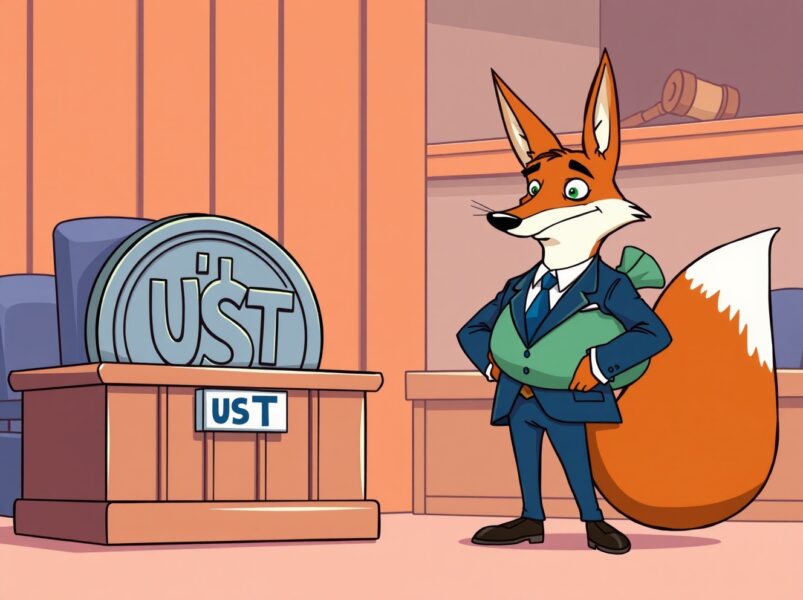 Cartoon courtroom scene depicting the explosive Terraform Labs lawsuit over UST market manipulation.