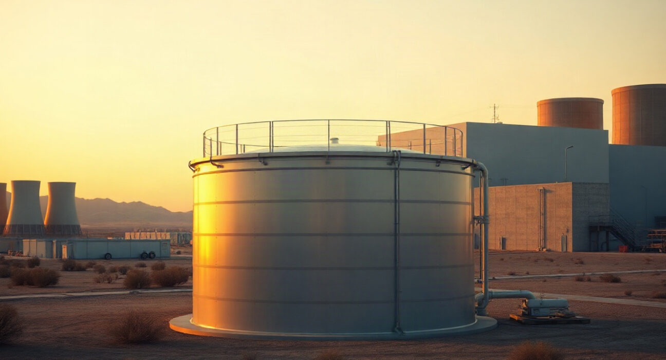 TerraPower's Natrium reactor with molten salt storage tank in a desert landscape at dusk