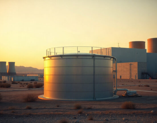 TerraPower's Natrium reactor with molten salt storage tank in a desert landscape at dusk