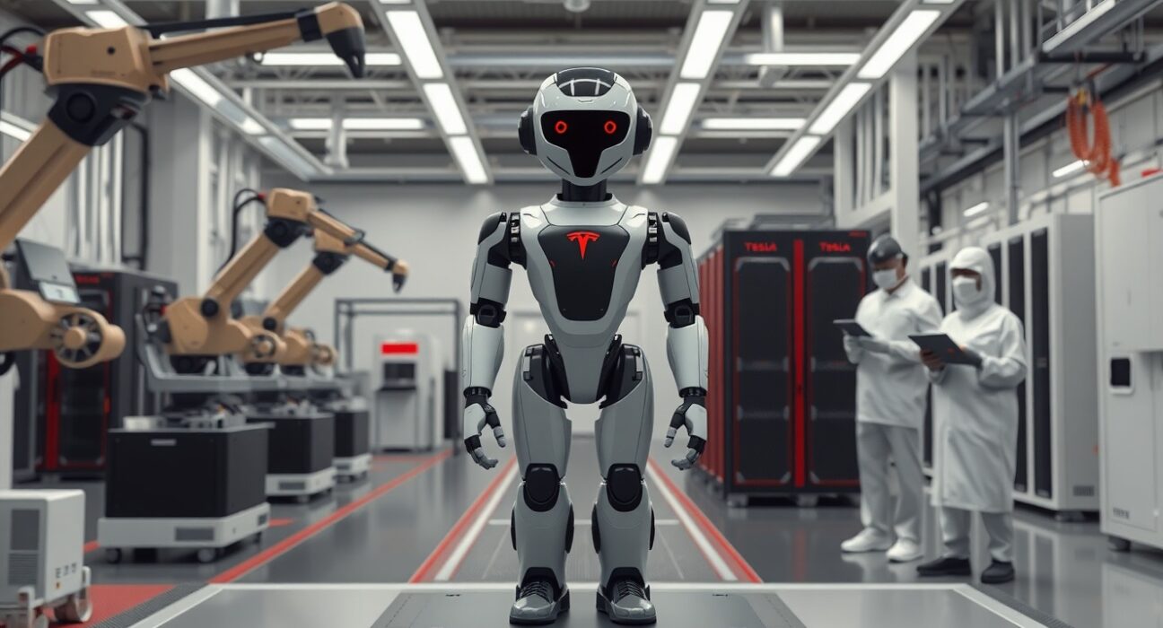 Tesla's Optimus humanoid robot in manufacturing facility testing environment representing $25B capital expenditure investment.