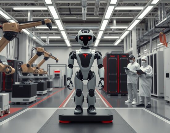 Tesla's Optimus humanoid robot in manufacturing facility testing environment representing $25B capital expenditure investment.