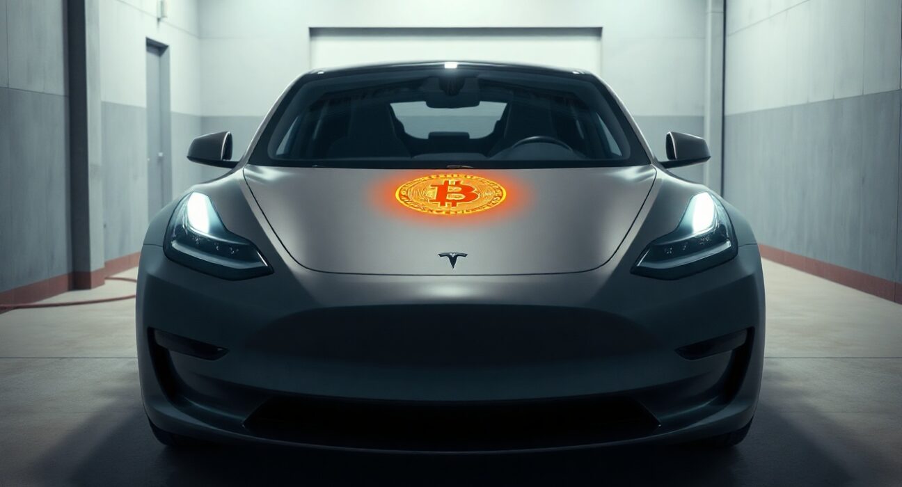 Tesla vehicle with Bitcoin reflection on hood representing corporate cryptocurrency holdings