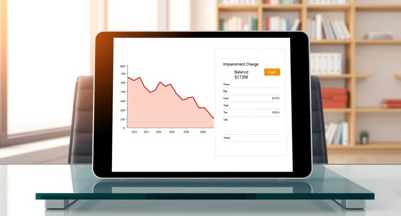 Tesla's $173 million Bitcoin impairment charge shown on a financial chart and balance sheet.