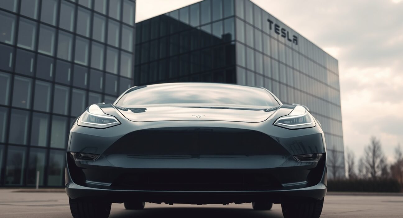 Tesla electric vehicle parked outside corporate headquarters under overcast sky, representing Q2 earnings miss.