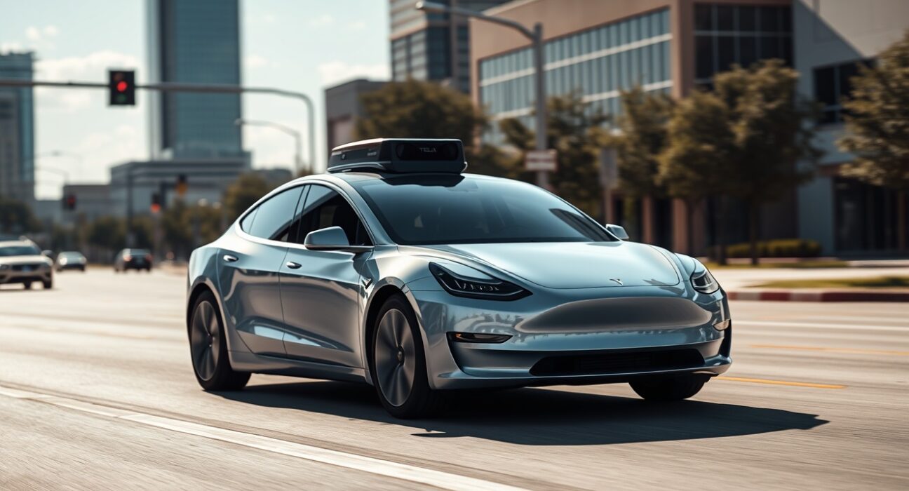 A Tesla autonomous vehicle driving on a city street, representing the expansion of the Tesla robotaxi service.