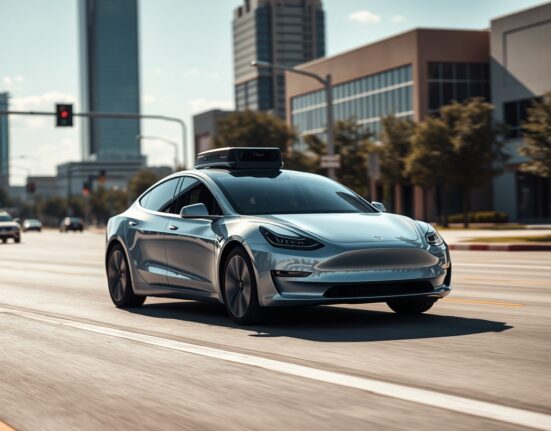 A Tesla autonomous vehicle driving on a city street, representing the expansion of the Tesla robotaxi service.