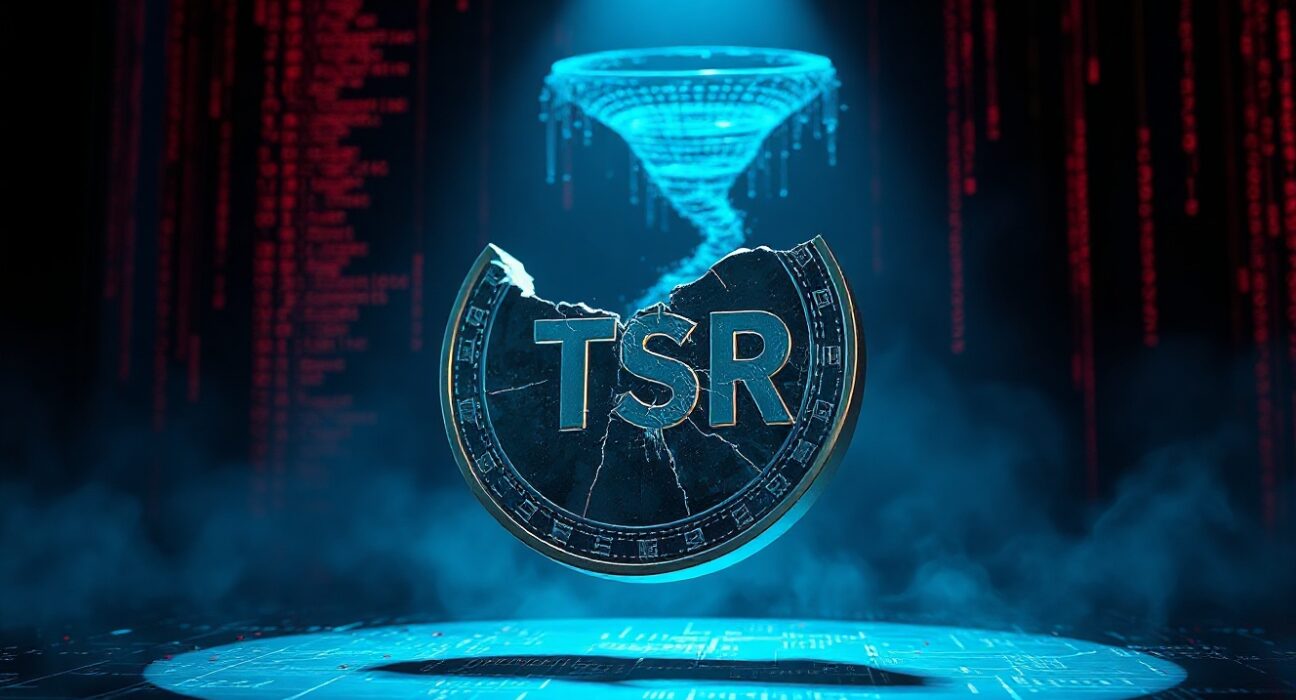 Shattered TSR token icon in a dark digital environment with code and a tornado symbol, representing a crypto exploit.