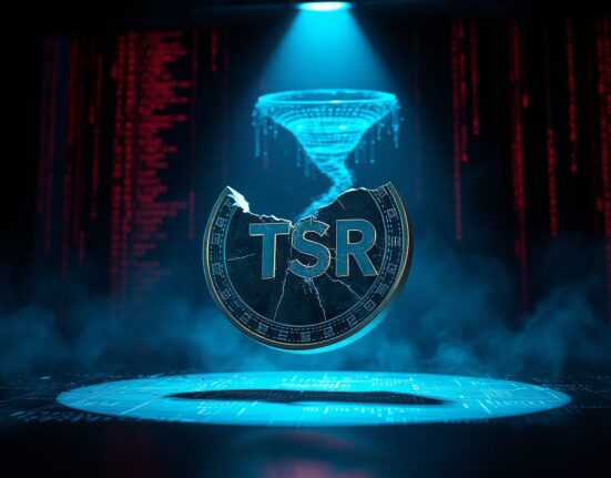 Shattered TSR token icon in a dark digital environment with code and a tornado symbol, representing a crypto exploit.