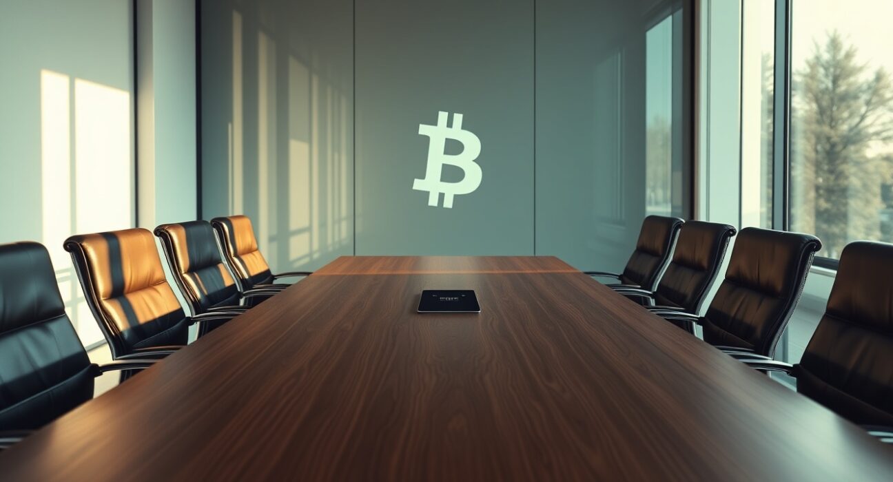 Empty corporate boardroom with Bitcoin symbol projection, representing Tether's strategic acquisition and Bitcoin reserve focus
