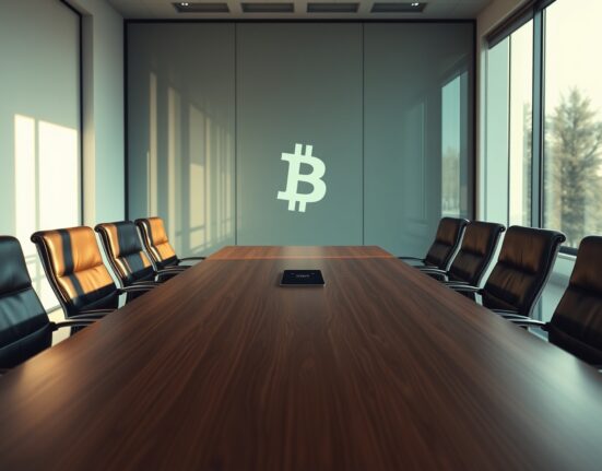 Empty corporate boardroom with Bitcoin symbol projection, representing Tether's strategic acquisition and Bitcoin reserve focus