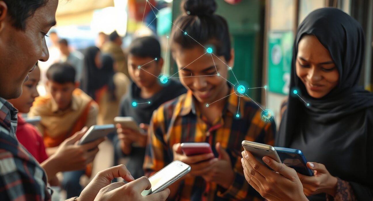 People in an emerging market using smartphones with AI-powered apps, representing Tether's new initiative