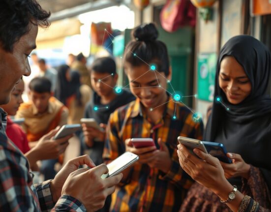 People in an emerging market using smartphones with AI-powered apps, representing Tether's new initiative