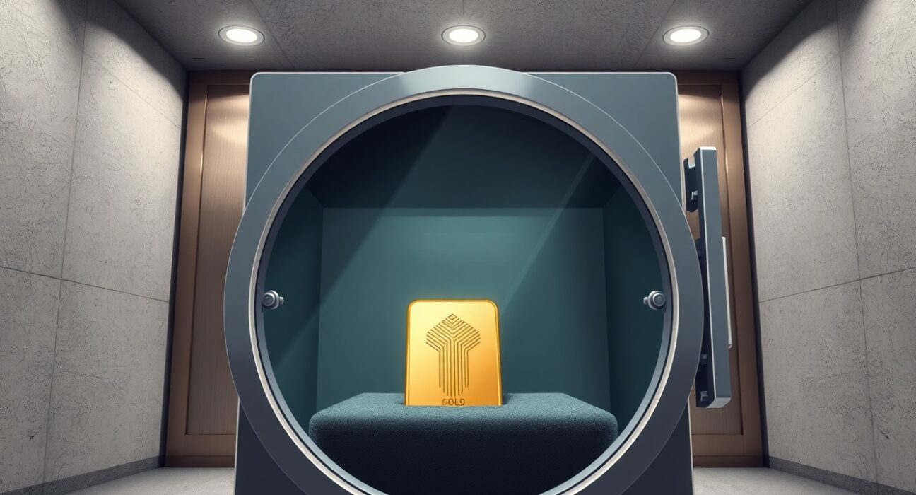 Secure vault holding tokenized gold representing Tether's XAUT deposit to Cobo custody.