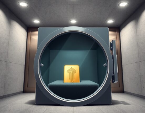 Secure vault holding tokenized gold representing Tether's XAUT deposit to Cobo custody.