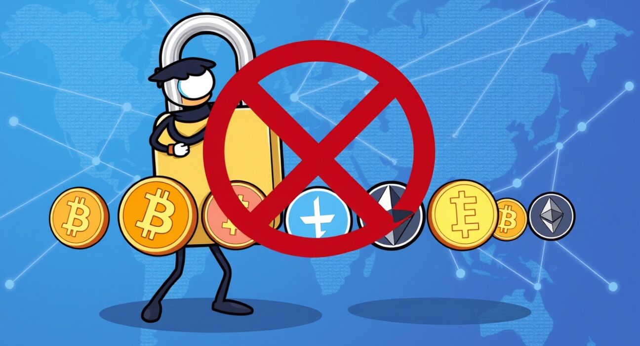 A cartoon illustration showing the Tether anti-crime unit successfully freezing illicit cryptocurrency funds, symbolizing its effective fight against financial crime.