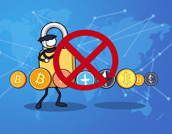 A cartoon illustration showing the Tether anti-crime unit successfully freezing illicit cryptocurrency funds, symbolizing its effective fight against financial crime.