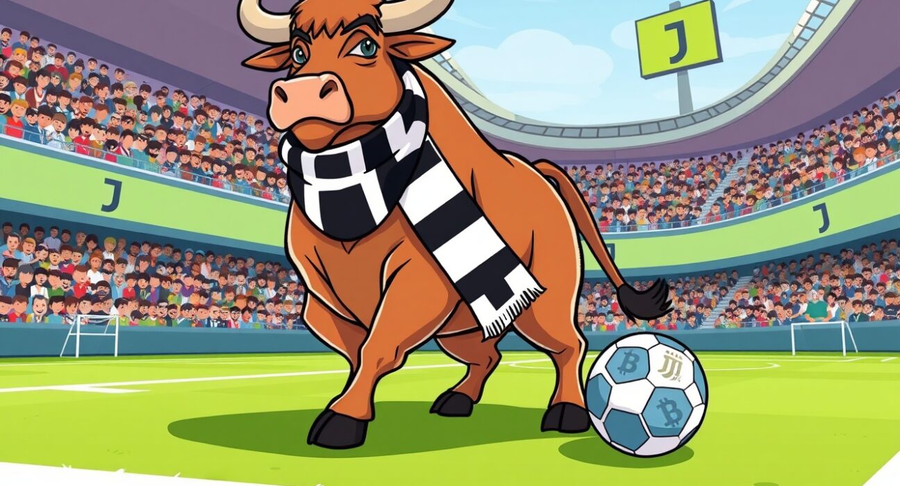 Tether Juventus acquisition depicted as a powerful bull joining forces with a legendary football club on the pitch.