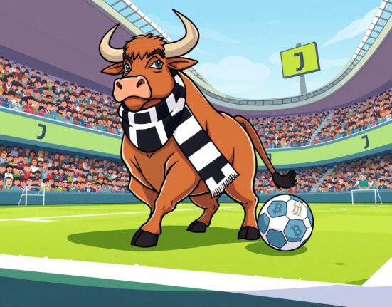 Tether Juventus acquisition depicted as a powerful bull joining forces with a legendary football club on the pitch.
