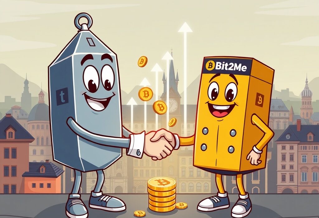 Cartoon illustration showing Tether's strategic Tether Bit2Me investment, fueling the crypto exchange's expansion across Europe and Latin America.