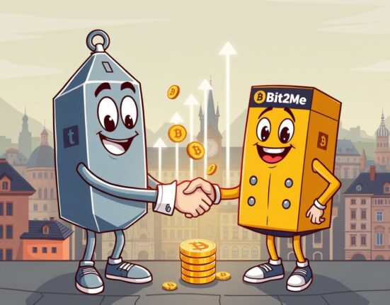 Cartoon illustration showing Tether's strategic Tether Bit2Me investment, fueling the crypto exchange's expansion across Europe and Latin America.