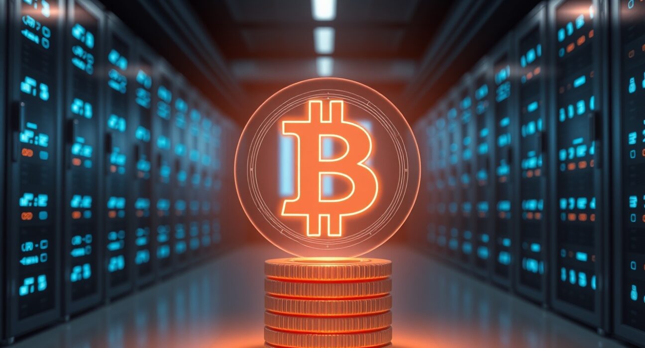 Tether's strategic Bitcoin reserve accumulation visualized as digital assets in a secure vault.