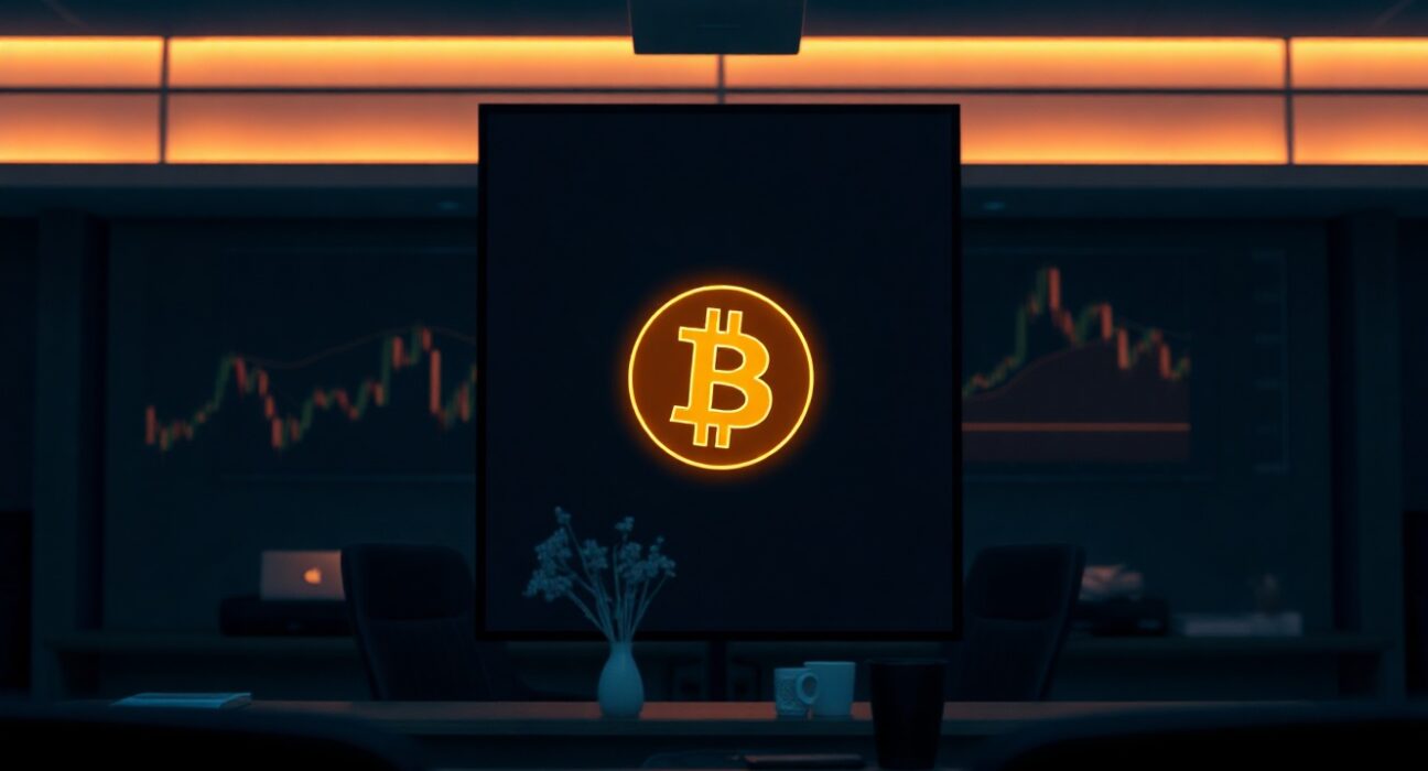Bitcoin symbol displayed on a digital trading dashboard in a professional office setting
