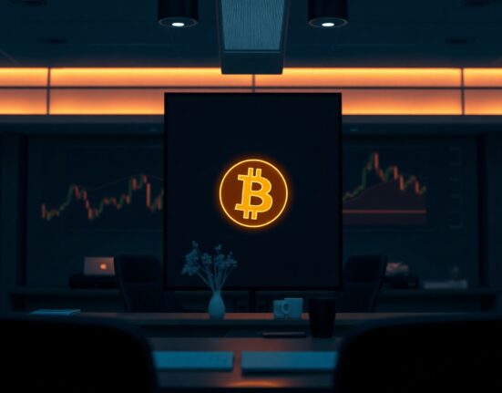 Bitcoin symbol displayed on a digital trading dashboard in a professional office setting